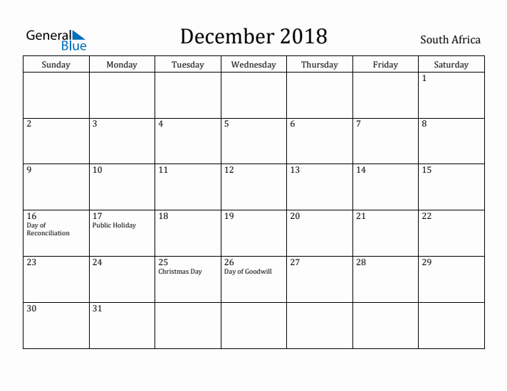 December 2018 Calendar South Africa