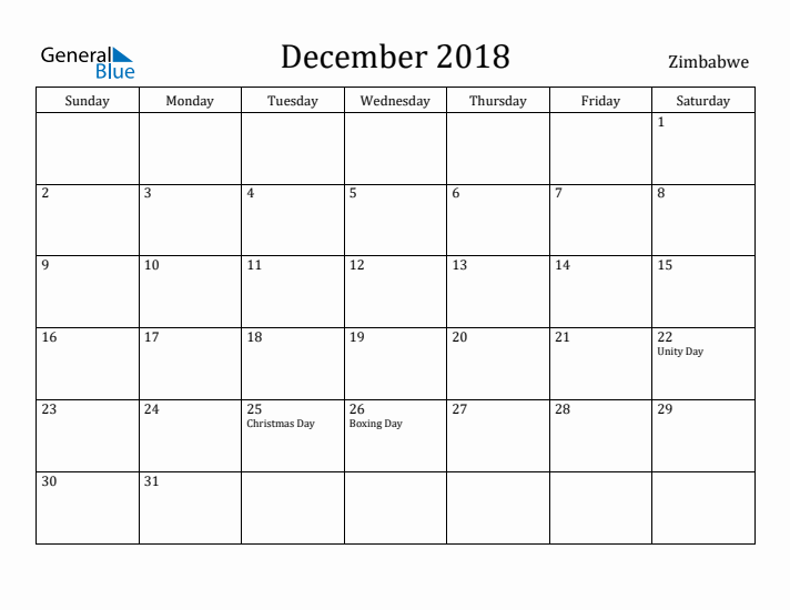 December 2018 Calendar Zimbabwe