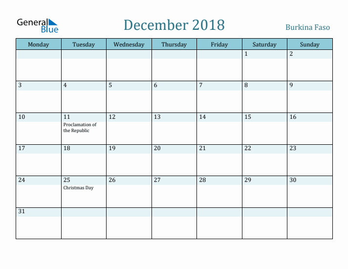 December 2018 Calendar with Holidays