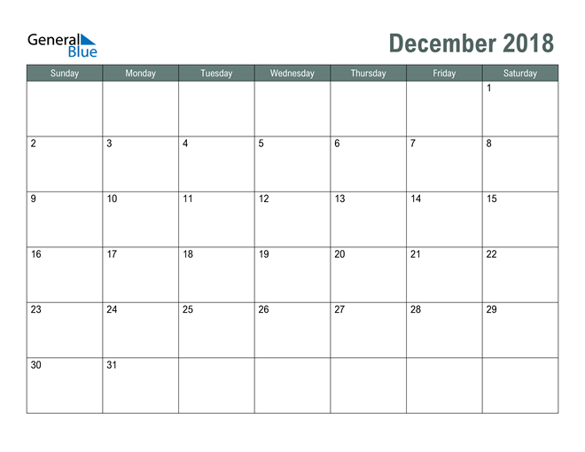  Free Printable December 2018 Calendar