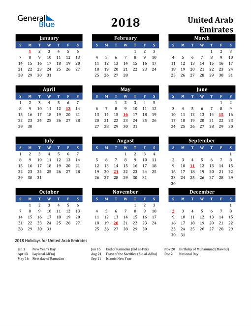 2018 United Arab Emirates Free Calendar