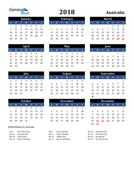 2018 Australia Calendar with Holidays