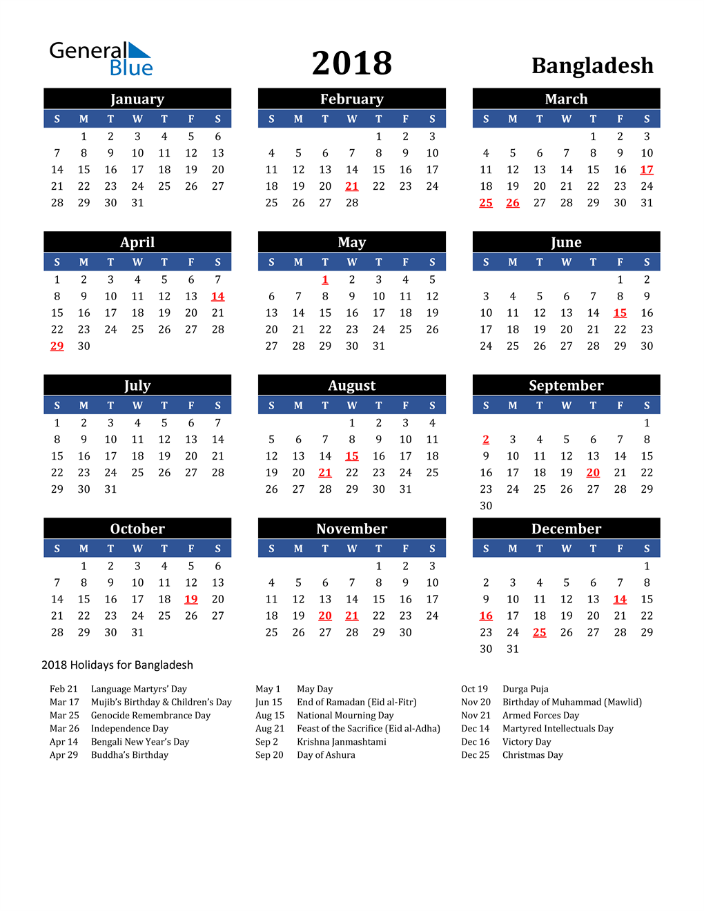 2018 Bangladesh Calendar with Holidays