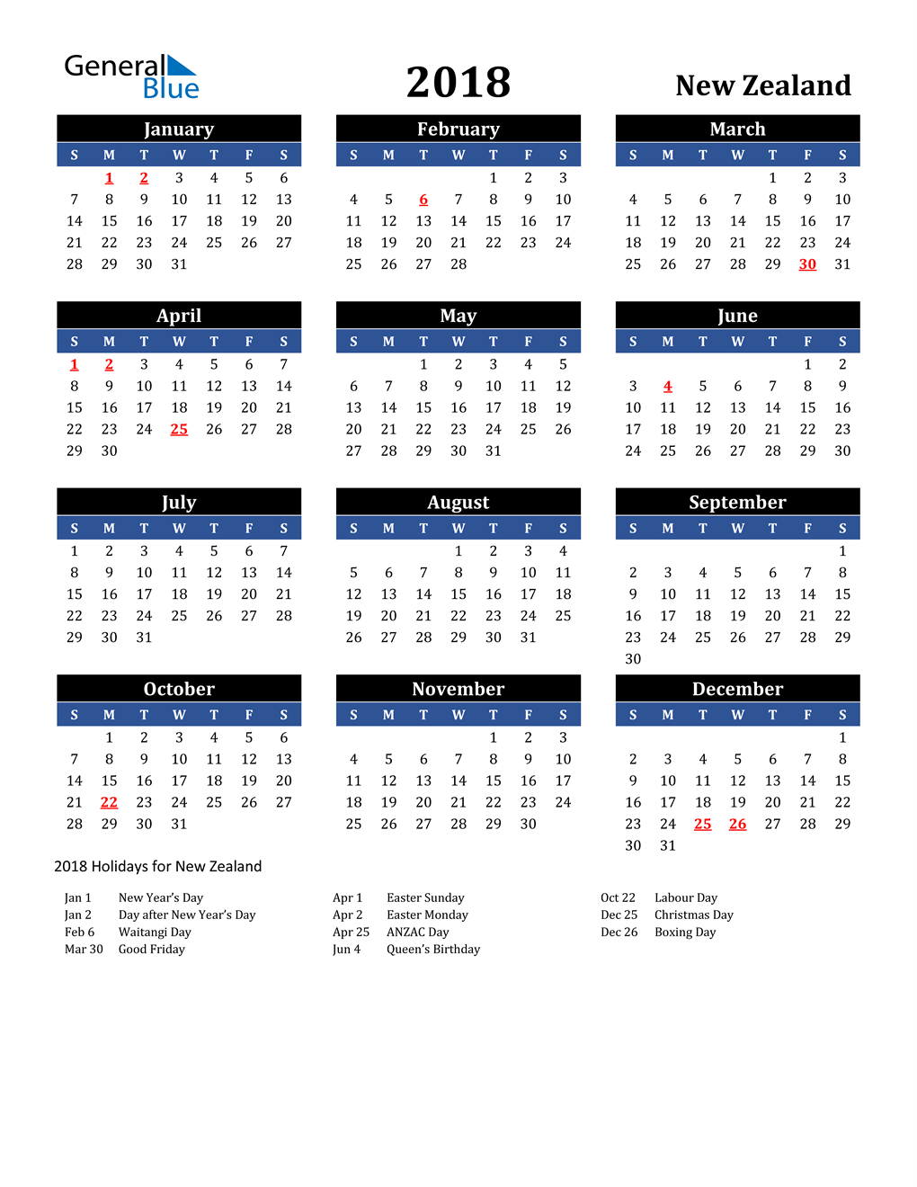 2018 New Zealand Calendar with Holidays