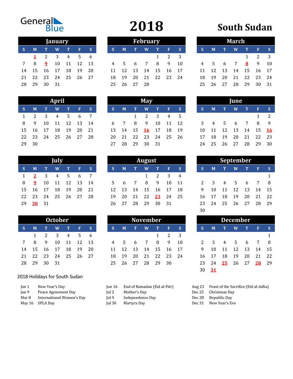 2018 South Sudan Calendar with Holidays