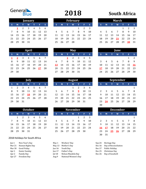 2018 South Africa Free Calendar