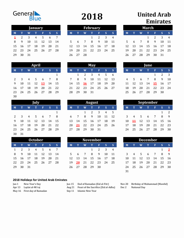 2018 United Arab Emirates Holiday Calendar