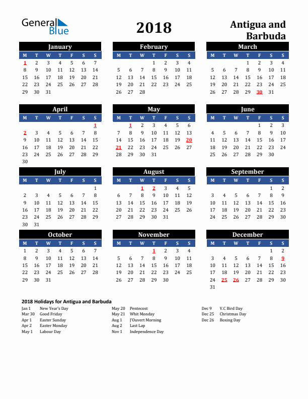 2018 Antigua and Barbuda Holiday Calendar