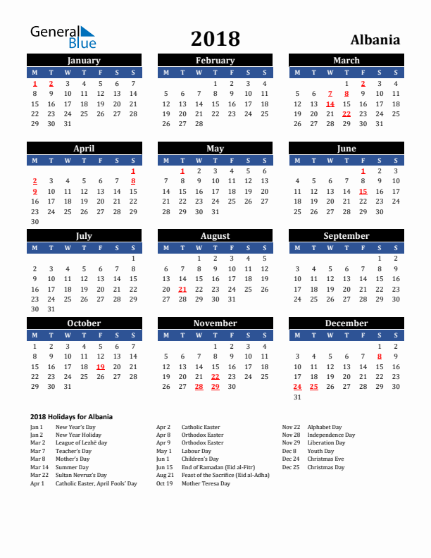 2018 Albania Holiday Calendar