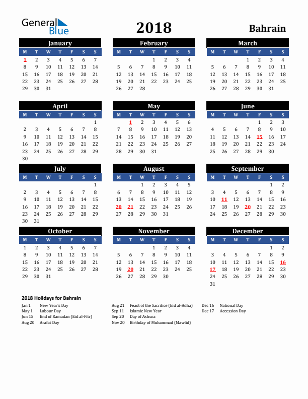 2018 Bahrain Holiday Calendar