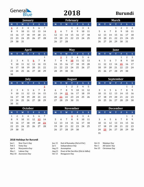 2018 Burundi Holiday Calendar