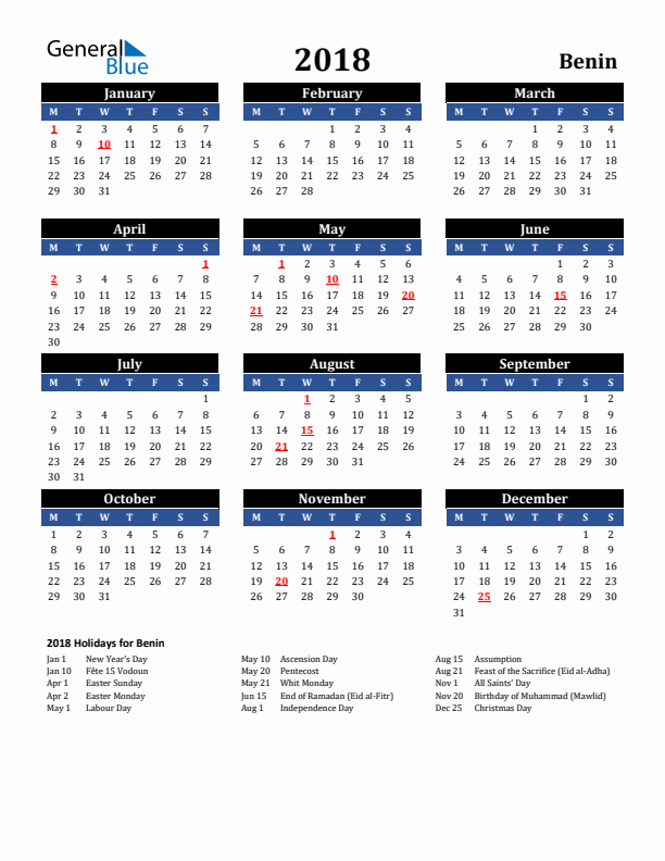 2018 Benin Holiday Calendar