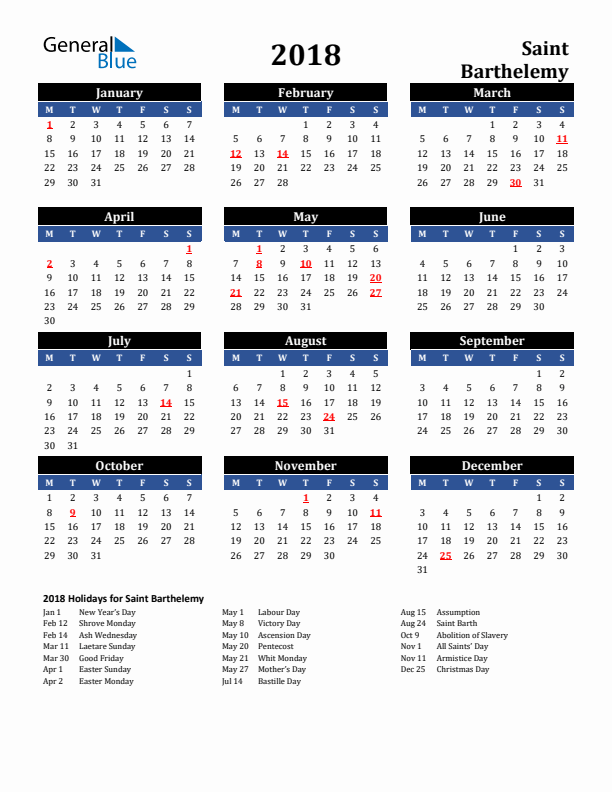 2018 Saint Barthelemy Holiday Calendar