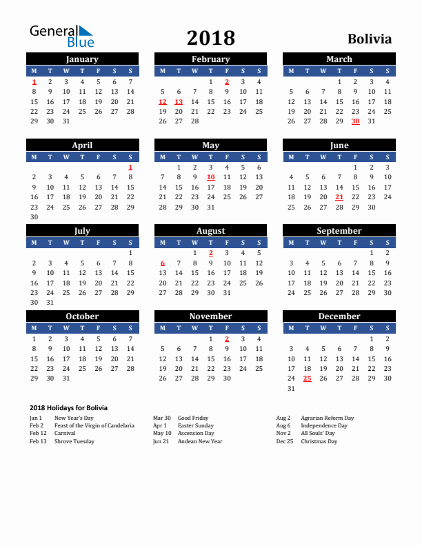 2018 Bolivia Holiday Calendar
