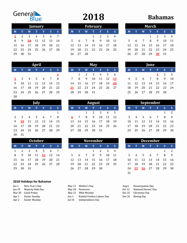 2018 Bahamas Holiday Calendar