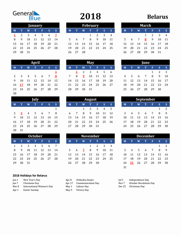2018 Belarus Holiday Calendar