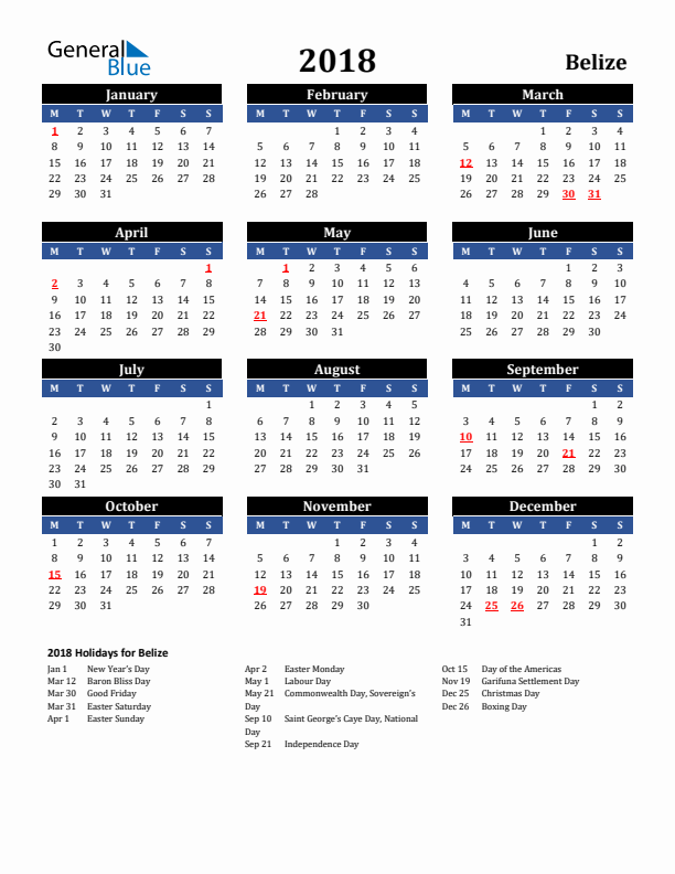 2018 Belize Holiday Calendar