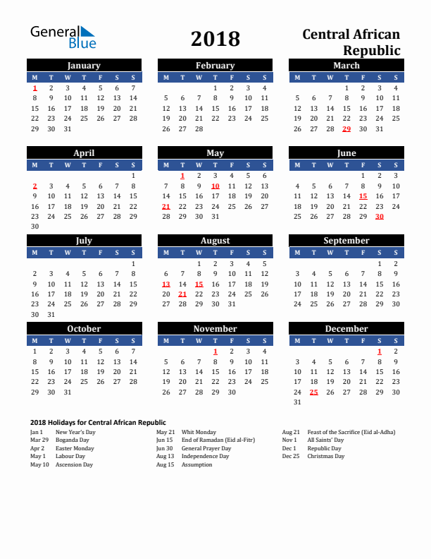 2018 Central African Republic Holiday Calendar