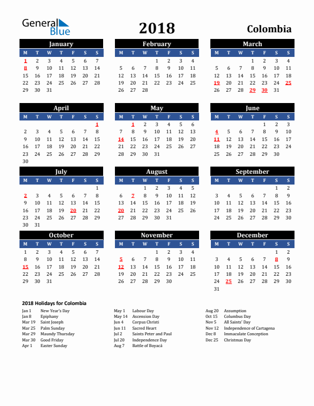 2018 Colombia Holiday Calendar