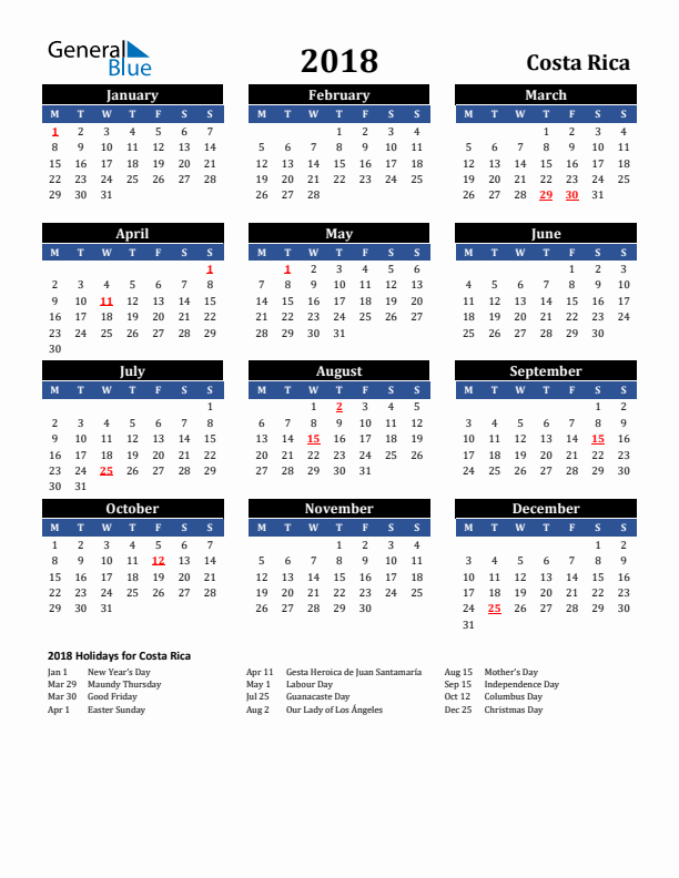2018 Costa Rica Holiday Calendar