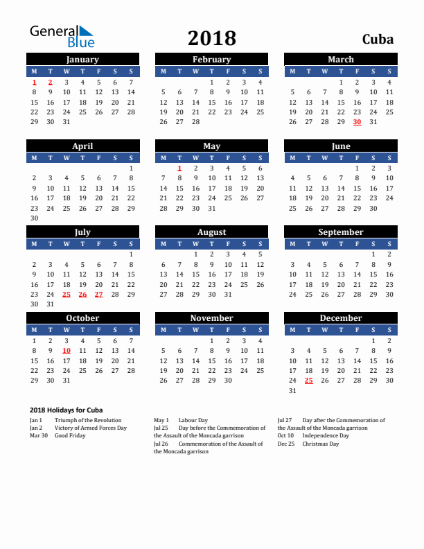 2018 Cuba Holiday Calendar