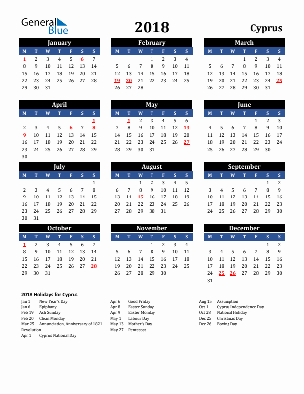 2018 Cyprus Holiday Calendar