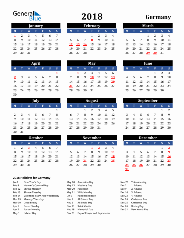 2018 Germany Holiday Calendar