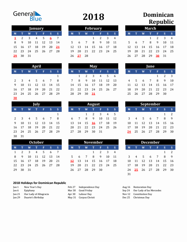 2018 Dominican Republic Holiday Calendar