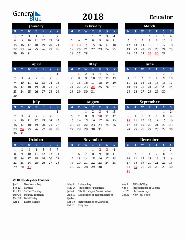 2018 Ecuador Holiday Calendar