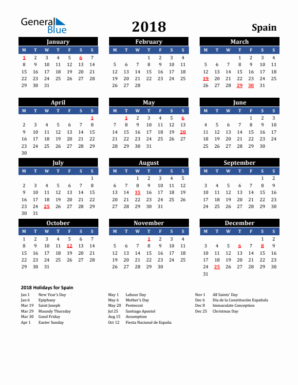 2018 Spain Holiday Calendar