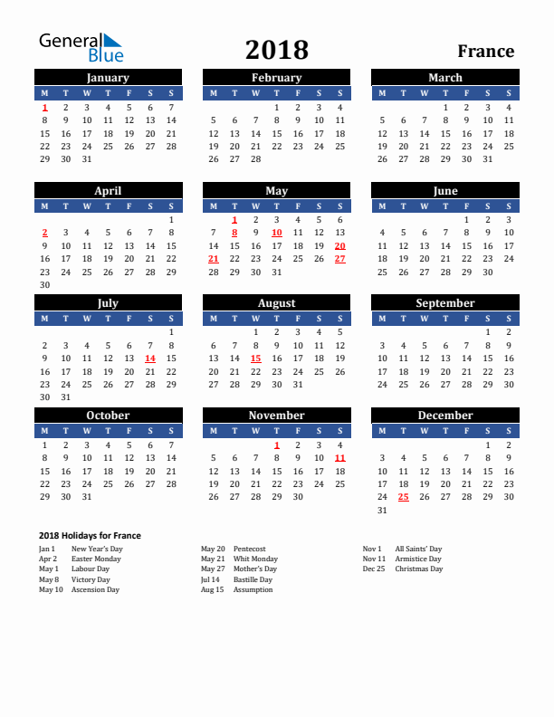 2018 France Holiday Calendar
