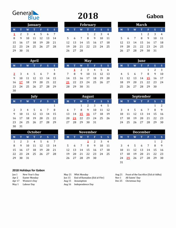 2018 Gabon Holiday Calendar