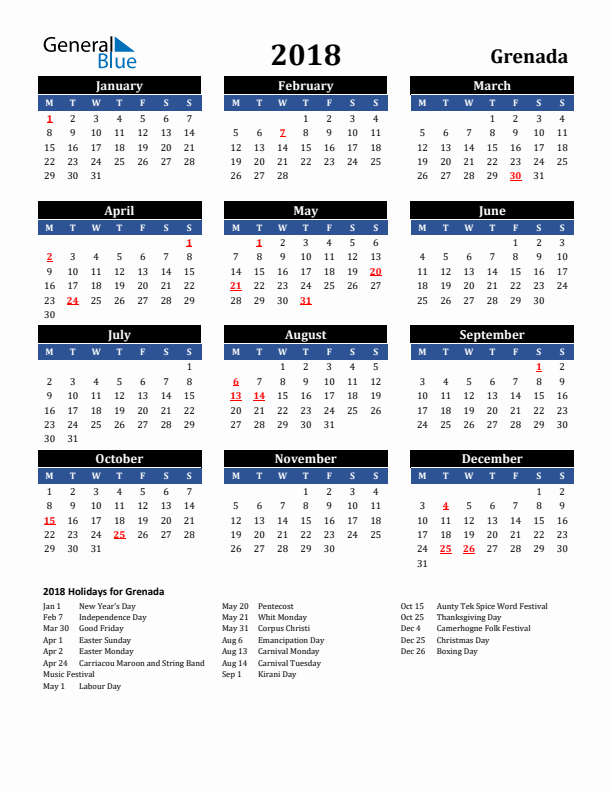 2018 Holiday Calendar for Grenada Monday Start