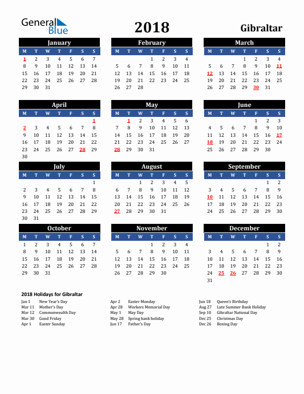 2018 Gibraltar Holiday Calendar