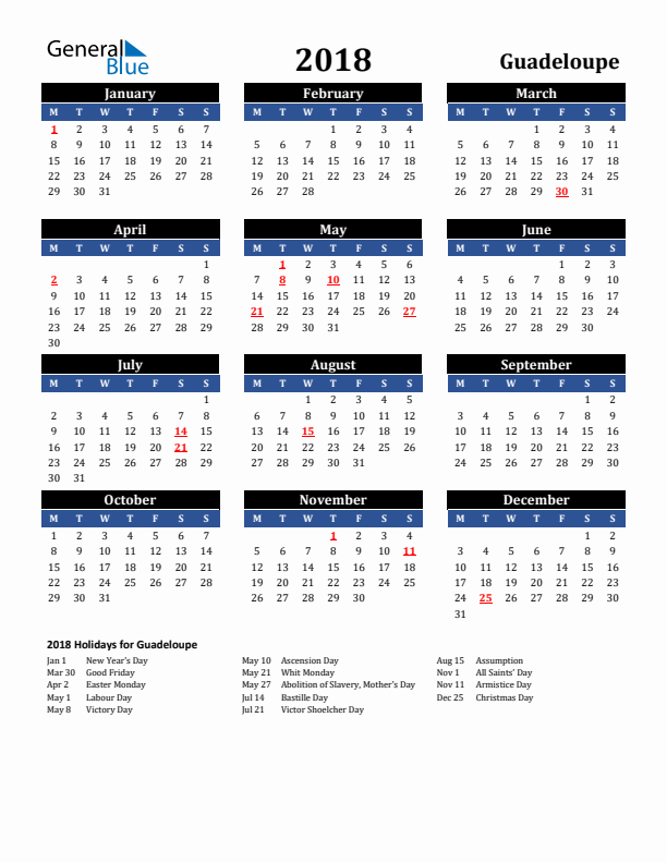 2018 Guadeloupe Holiday Calendar