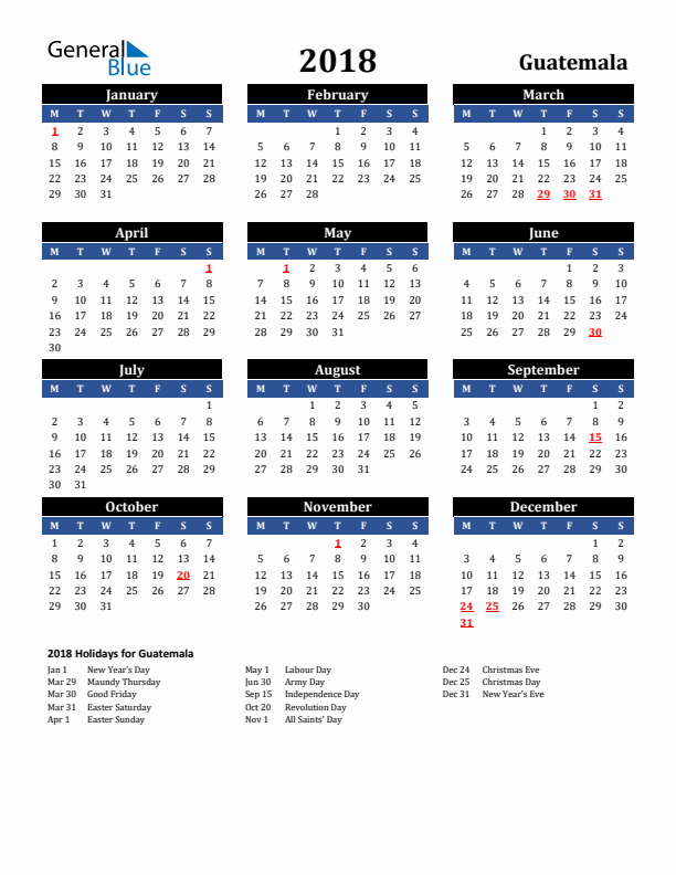 2018 Guatemala Holiday Calendar