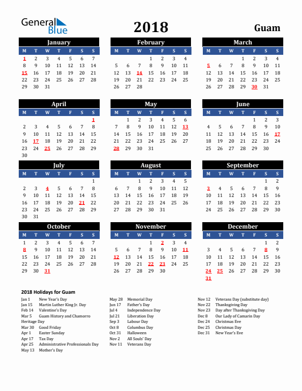2018 Guam Holiday Calendar