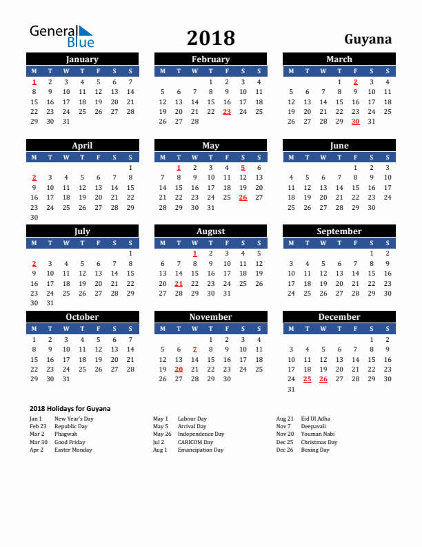 2018 Guyana Holiday Calendar