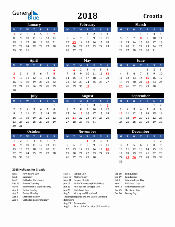 2018 Croatia Holiday Calendar