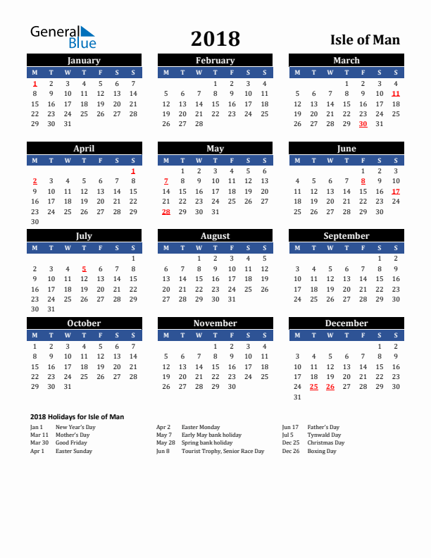 2018 Isle of Man Holiday Calendar