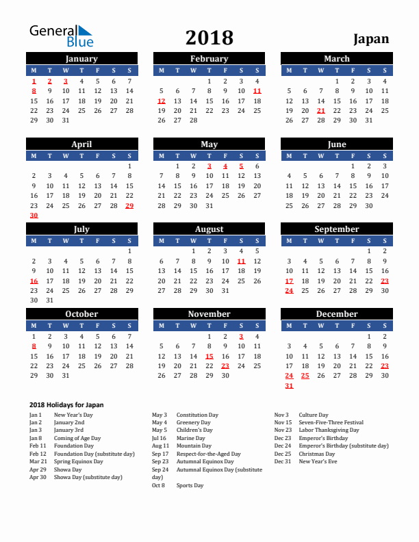 2018 Japan Holiday Calendar