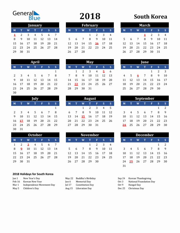 2018 South Korea Holiday Calendar