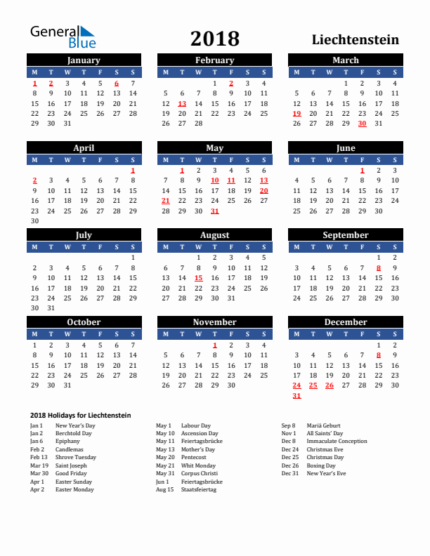 2018 Liechtenstein Holiday Calendar