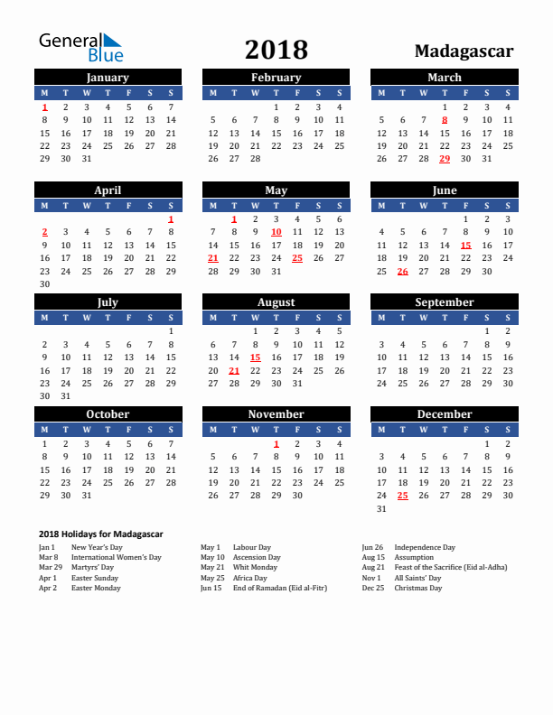2018 Madagascar Holiday Calendar