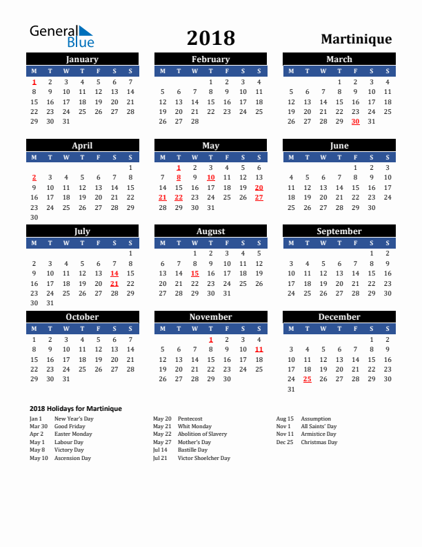 2018 Martinique Holiday Calendar