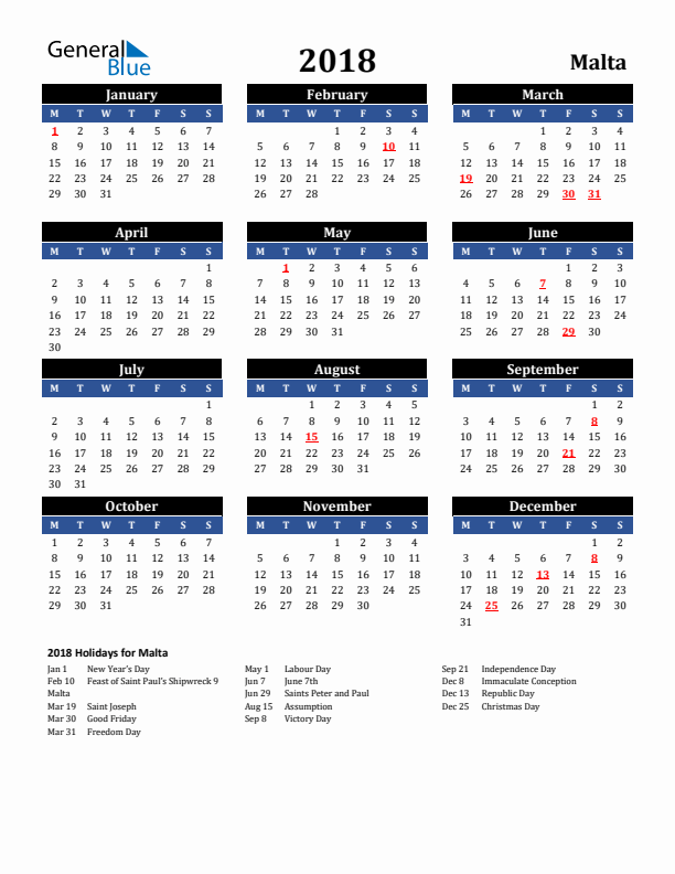 2018 Malta Holiday Calendar