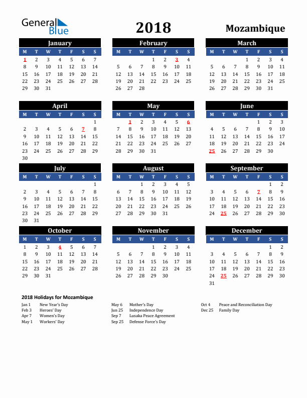 2018 Mozambique Holiday Calendar