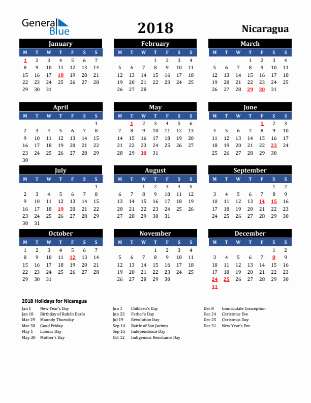 2018 Nicaragua Holiday Calendar