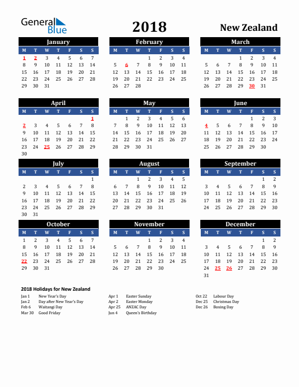 2018 New Zealand Holiday Calendar