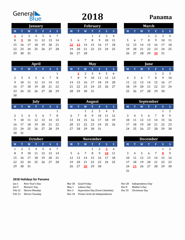 2018 Panama Holiday Calendar